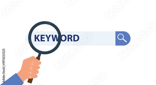 Magnifying glass searching for website keywords, vector illustration. SEO marketing, online content discovery, and advertising campaign concepts