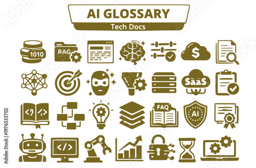 AI Glossary Tech Docs SaaS Icon Set Token RAG Context Window Hallucination Fine-Tuning Machine Learning Technical Documentation Vector Illustration