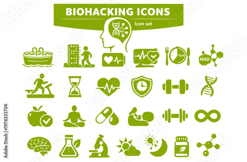 Biohacking Longevity Icon Set Cold Plunge Red Light Therapy HRV Fasting NAD+ Zone 2 Training Wellness Optimization Health Vector Illustration