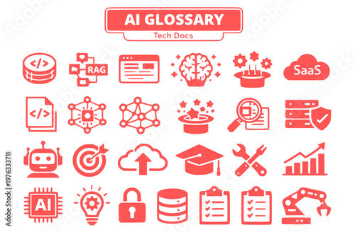 AI Glossary Tech Docs SaaS Icon Set Token RAG Context Window Hallucination Fine-Tuning Machine Learning Technical Documentation Vector Illustration