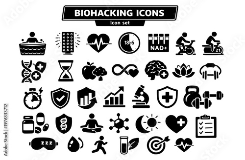 Biohacking Longevity Icon Set Cold Plunge Red Light Therapy HRV Fasting NAD+ Zone 2 Training Wellness Optimization Health Vector Illustration
