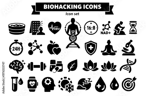 Biohacking Longevity Icon Set Cold Plunge Red Light Therapy HRV Fasting NAD+ Zone 2 Training Wellness Optimization Health Vector Illustration