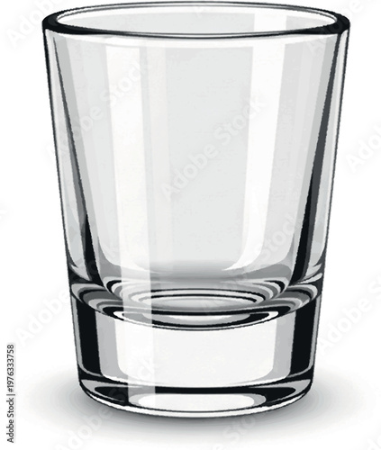 A clean, empty, clear glass shot or whiskey tumbler, ideal for drinks and bar imagery