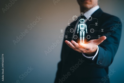 Corporate businessman holding AI hologram digital technology innovation futuristic transformation concept