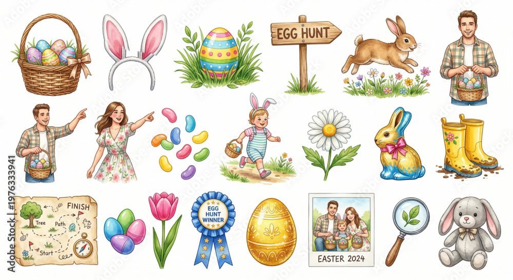 Obraz premium Easter Egg Hunt Family Moment Watercolor Clipart Vector