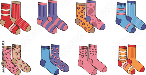 Colorful Socks Collection Vector Illustration Set Featuring Patterned Striped Polka Dot and Heart Design Socks for Fashion Clothing and Textile Design Projects