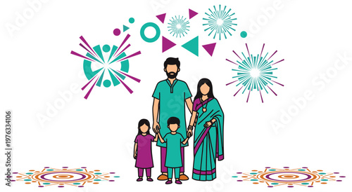 Vector illustration of traditional indian family standing together, husband wife and two children, festive background with fireworks and rangoli patterns for diwali celebration.