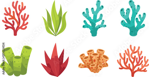Coral and Seaweed Collection Vector Illustration Set Featuring Colorful Marine Plants and Reef Elements for Ocean Underwater Nature and Aquarium Design Projects