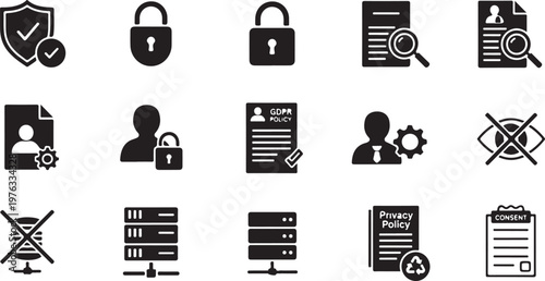 Security icons, privacy symbols, data protection signs, web safety, 16 black vector graphics