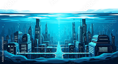 An underwater cityscape illustration with a futuristic skyline and blue tones