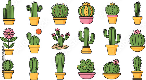 Cute Cactus Collection Vector Illustration Set Featuring Potted Desert Plants with Flowers Including Succulents Barrel and Prickly Pear for Botanical Design Projects