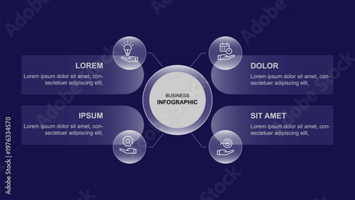 Circular infographic vector element. 4 step or form with icons and text information. Vector illustration with purple colors and circle concept on purple dark background.