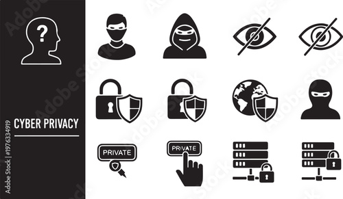 Cyber privacy, security icons, black vector set, data protection symbols, internet safety graphics