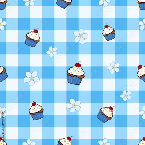 Seamless blue cupcake and floral pattern on classic gingham background in vibrant vector style
