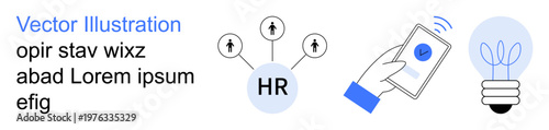 Human resources, digital security, innovation, technology, connection, business. HR network diagram, hand using smartphone light bulb icon. Human resources and digital security visualization