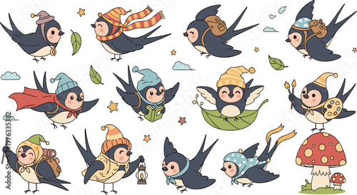 Adorable Swallow Birds Dressed in Different Outfits with Travel and Adventuring Accessories