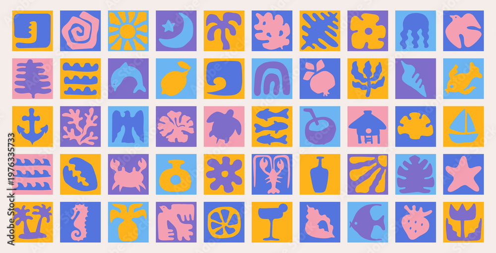Fototapeta premium Set of abstract marine elements in boho style. Silhouettes of plants and animals. Exotic flora and fauna, hand drawn drawings with uneven contours.
