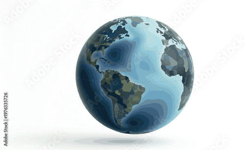 Modern 3D digital globe illustration of Earth with stylized continents and oceans. Represents global connection, environmental themes, and worldwide reach
