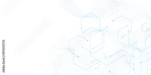 Abstract technology background with blue hexagonal lines. Digital network connection vector. Minimalist geometric circuit pattern for web banners.