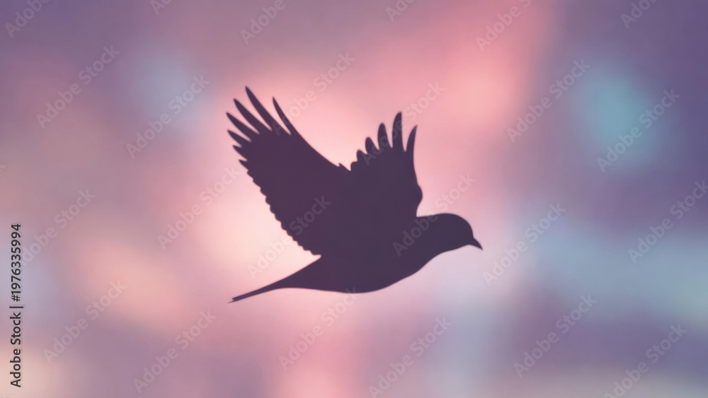 Obraz premium Bird silhouette gliding across soft pastel blurred sky