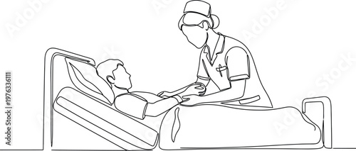 Continuous line drawing of a caring nurse attending to a patient resting in a hospital bed, offering comfort and support with a gentle touch.