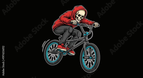 Skeleton riding a BMX bike with a red hoodie, performing a trick against a black background