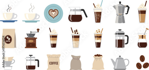 Coffee Brewing Collection Vector Illustration Set Featuring Drip Coffee French Press Grinder Beans Cups and Barista Equipment for Cafe Beverage Design Projects