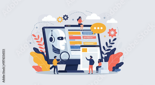 Collaborative team developing artificial intelligence and programming chatbots on a computer, illustrating digital innovation, machine learning, and technological solutions