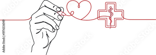 Human hand drawing a continuous line that forms a red heart shape and a medical cross with a caduceus symbol representing care and health services