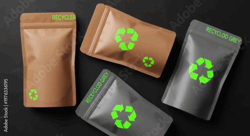 Diverse eco-friendly packaging concept various stand-up pouches prominently displaying bright green recycling symbols for sustainable branding