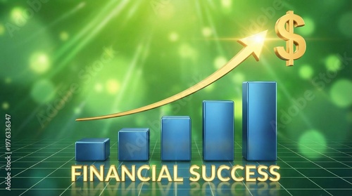 Stylized financial growth graphic with ascending blue bars, golden arrow, and dollar sign on vibrant green background with text “FINANCIAL SUCCESS.”
