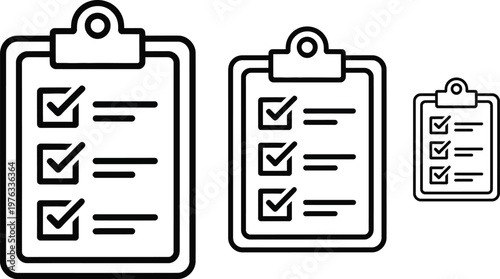 Checklist, clipboard icons, vector set, black and white, line art, business, organization, planning