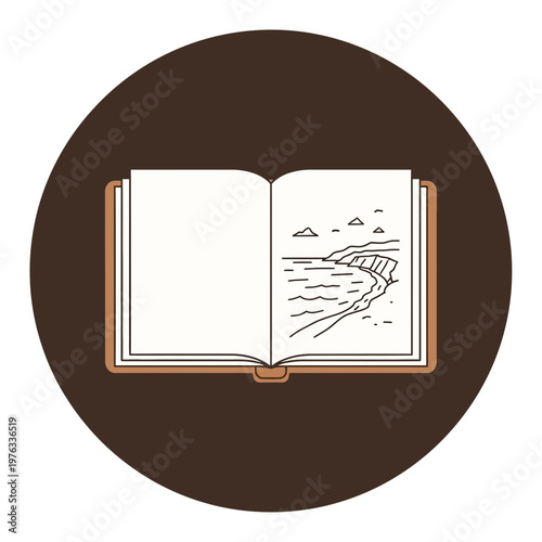Open Book with Landscape Illustration Inside.