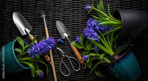 A still life of gardening tools and vibrant hyacinths in a dark moody setting