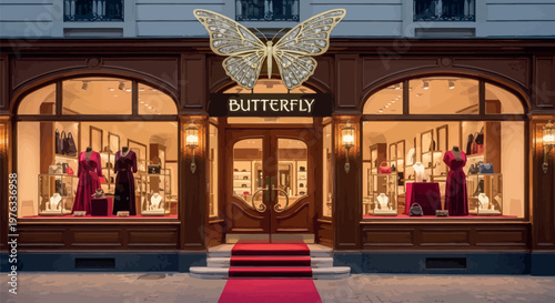 Elegant luxury boutique entrance adorned with a magnificent sparkling golden butterfly sign, featuring a welcoming red carpet leading to ornate wooden doors of an upscale fashion store.
