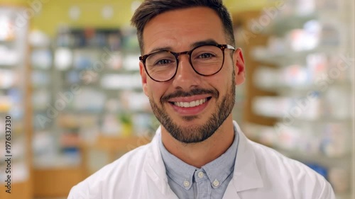 Friendly male pharmacist wearing glasses and white lab coat in modern pharmacy