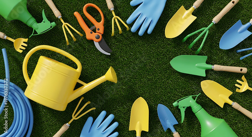 Colorful gardening tools laid out on vibrant green grass ready for spring planting and yard work