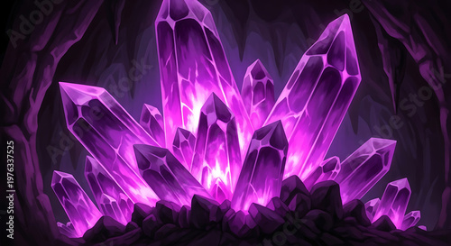 Mystical amethyst cave a glowing cluster of purple crystals illuminates a dark enchanting underground grotto