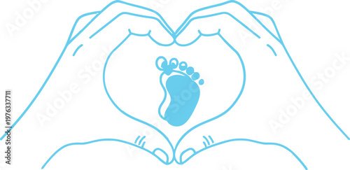 Loving hands forming a heart shape around a tiny blue baby footprint, symbolizing new life, care, and parenthood in a tender, minimalist illustration design.