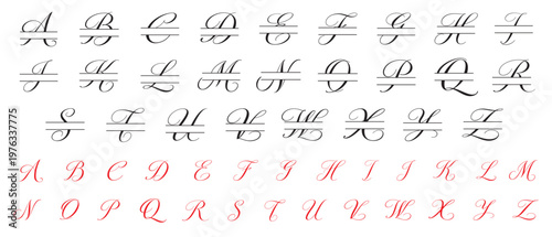 Elegant calligraphic alphabet and monogram set with decorative split letters. Classic luxury script typography collection, perfect for logos, wedding design, branding, invitations and monograms.