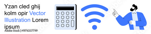 Wireless technology, digital tools, connectivity, communication, online learning, and networking. a calculator, wireless signal icon and a person pointing. Wireless technology and digital tools