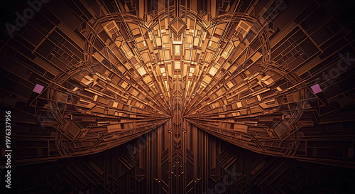 Intricate golden tunnel a mesmerizing abstract digital art piece with symmetrical reflections
