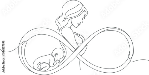 Continuous line drawing of a mother embracing her baby in an infinity symbol, representing an everlasting bond of love, maternity, and the cycle of life.