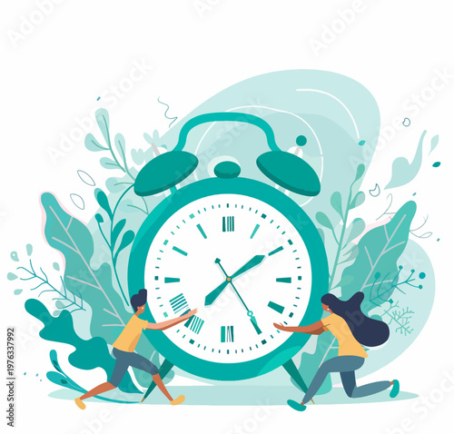 Two individuals collaboratively manipulate a giant clock, symbolizing teamwork and time management.