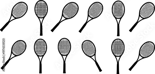 Tennis racket icons set. Black silhouette of a tennis racket in flat design.