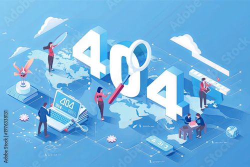 Isometric 404 error illustration. Web problem, technical support, troubleshooting concept. People fixing connection/website issues.