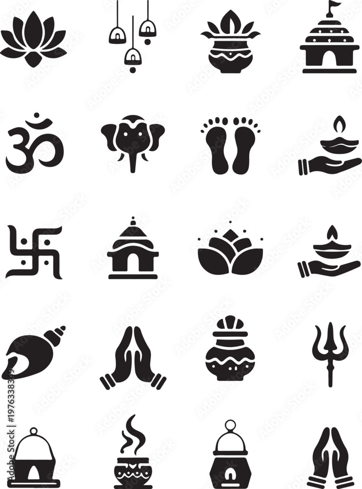 Naklejka premium Minimal Black Religious & Cultural Icon Set – Clean Vector Symbol Collection