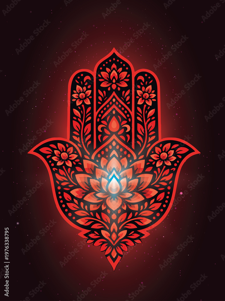 Fototapeta premium Ember Lotus Hamsa Flame of Protection. A glowing redorange Hamsa with intricate floral and leaf patterns radiates from a central lotus motif. 
