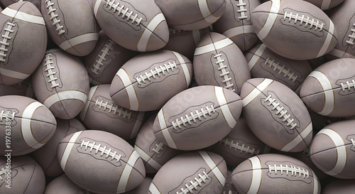 A dense collection of american footballs a close up view of textured leather surfaces