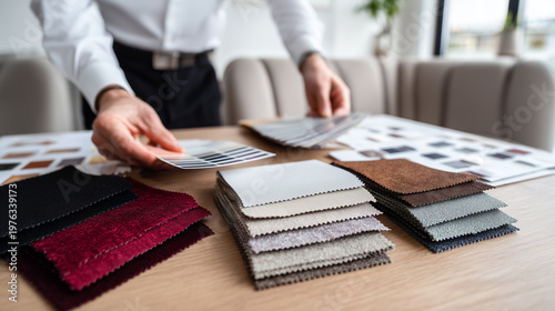 Male interior designer selecting fabric and leather swatches on wooden table. Color palette, upholstery choice, renovation planning, professional consultation, modern showroom.